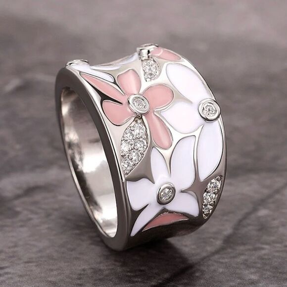 ROMANTIC PINK AND WHITE ENAMEL FLOWERS RING - Picture 4 of 5